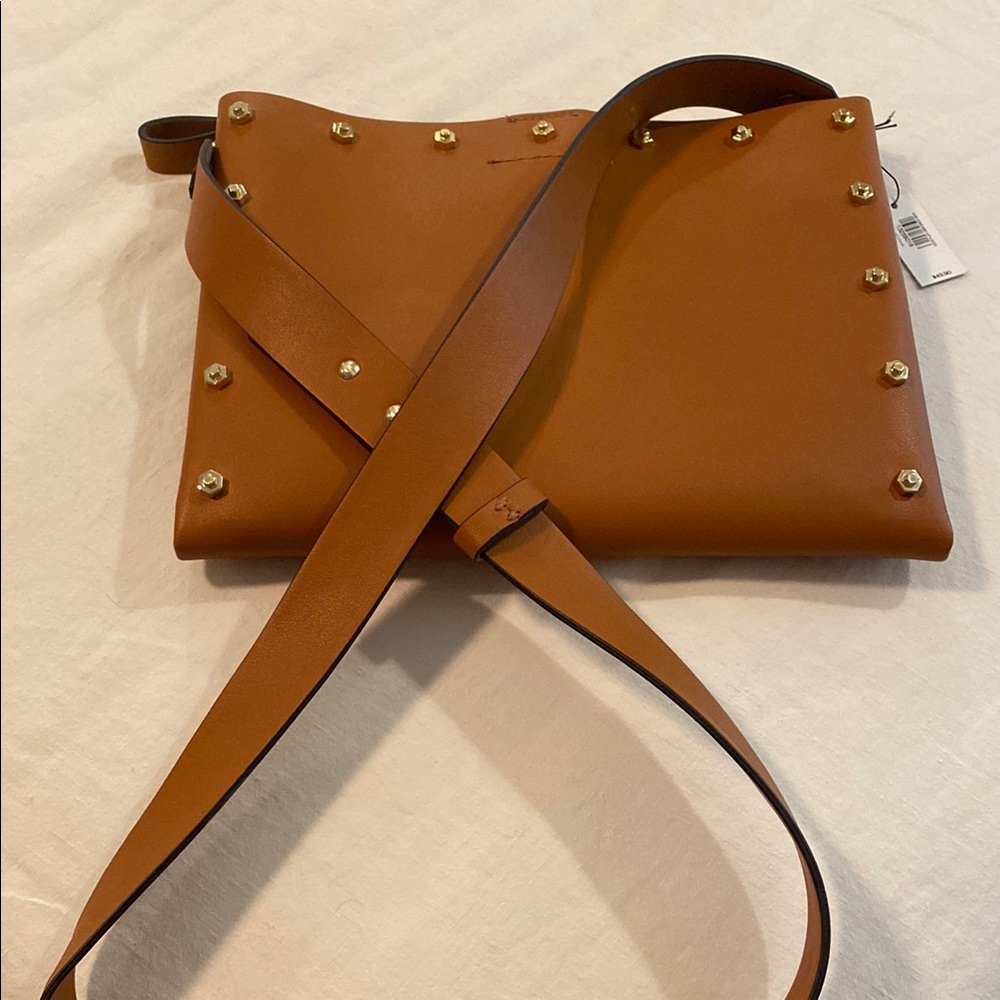 Tan Leather Shoulder Bag with Metal Studs